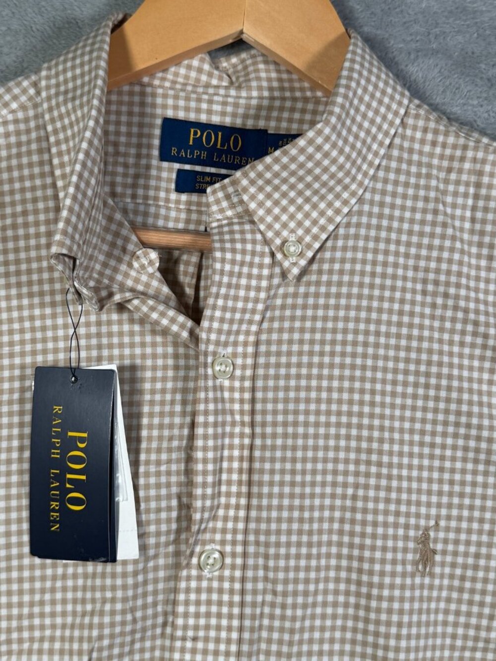 Polo Ralph Lauren Shirt Mens M Beige Gingham Check Long Sleeve SLIM Fit $130